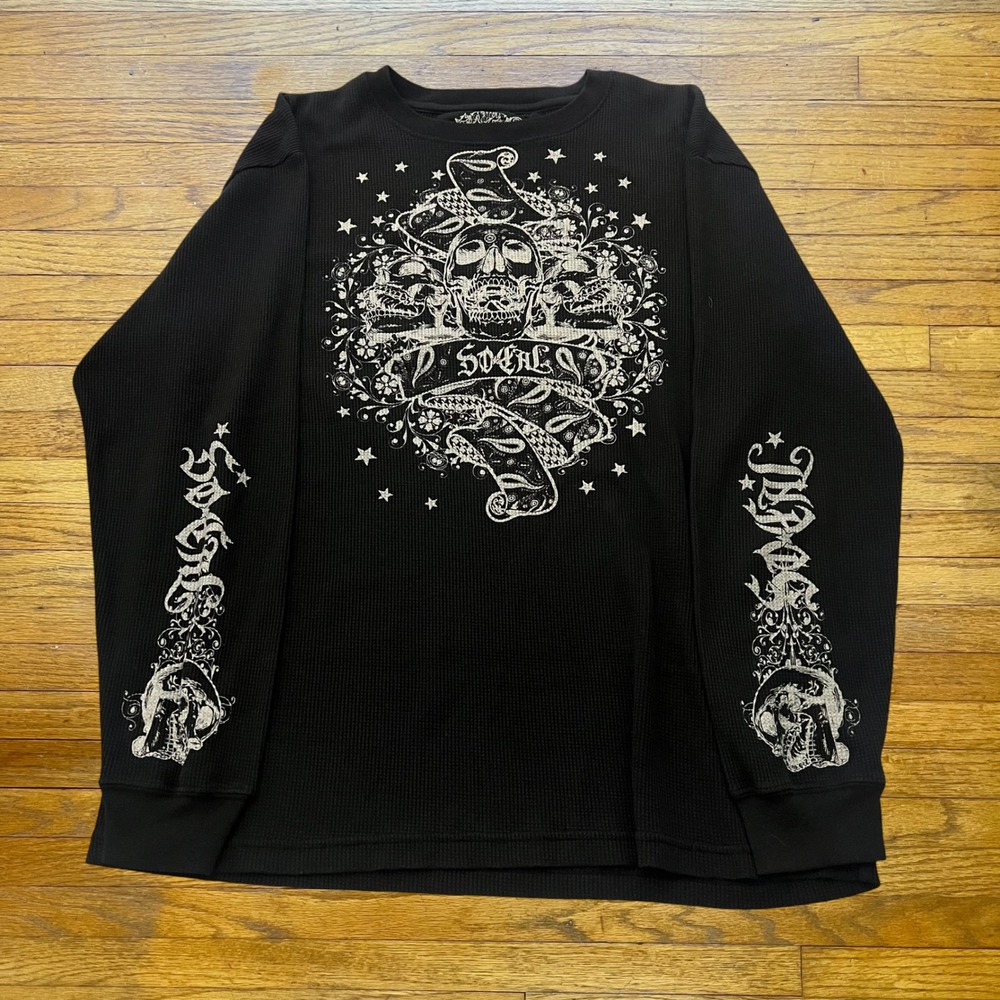 SoCal Men Black Thermal Long Sleeve Skull Graphic Waffle Knit Shirt Size 2XL